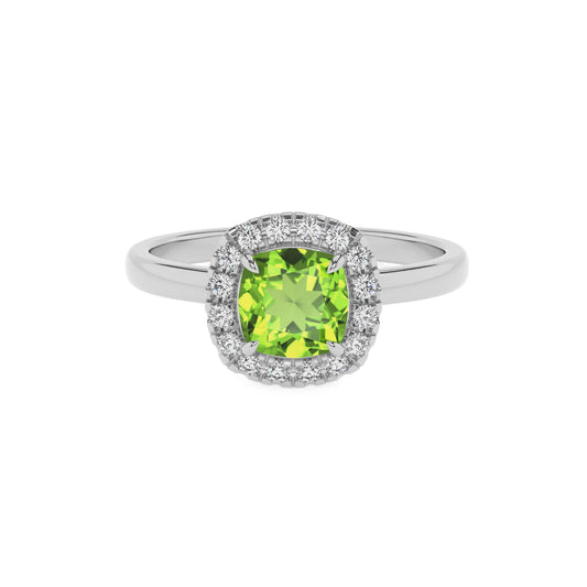 natural peridot cushion solitaire rings in platinum 