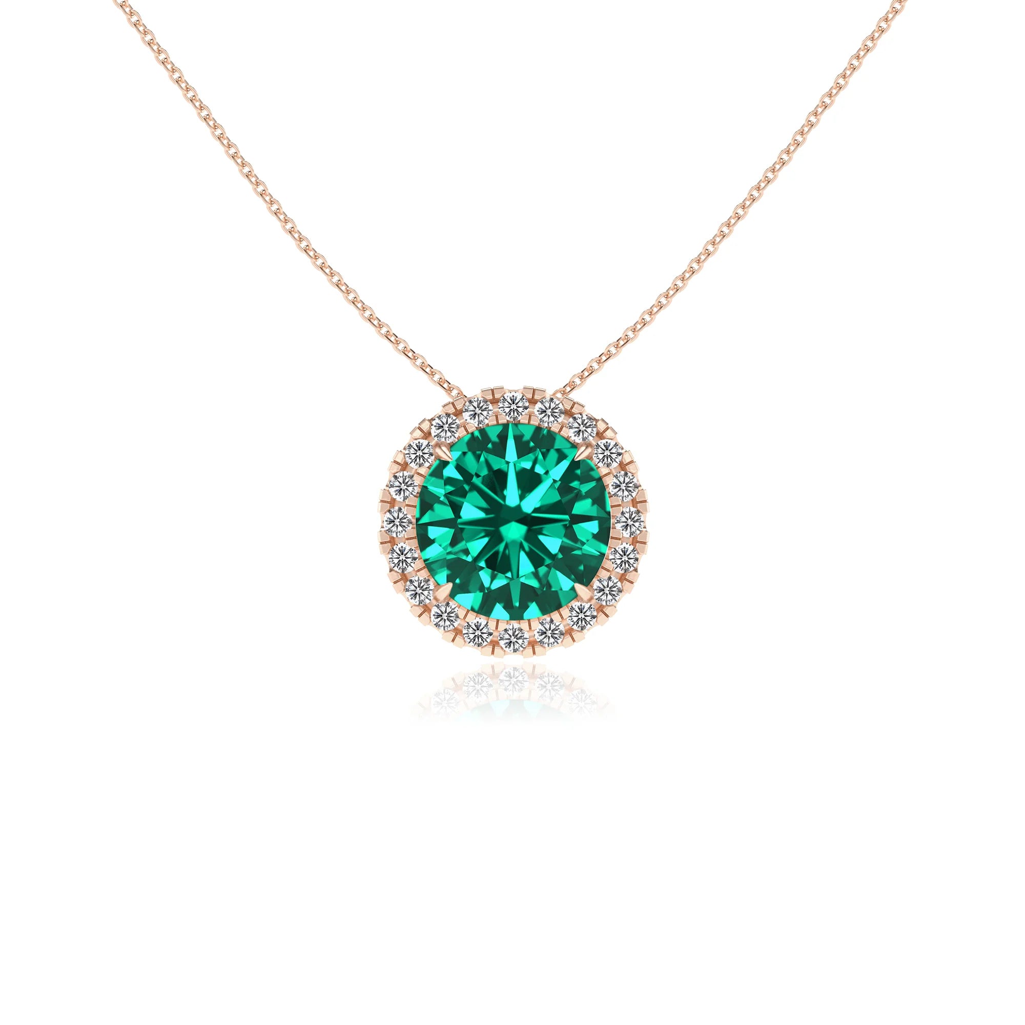 lab grown emerald round solitaire necklaces in rose gold 
