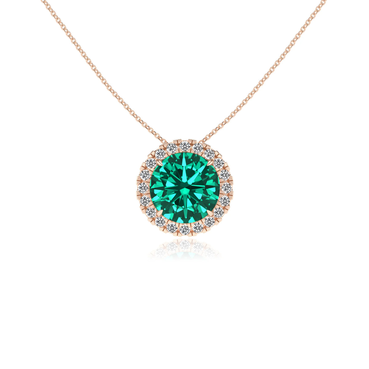 lab grown emerald round solitaire necklaces in rose gold 