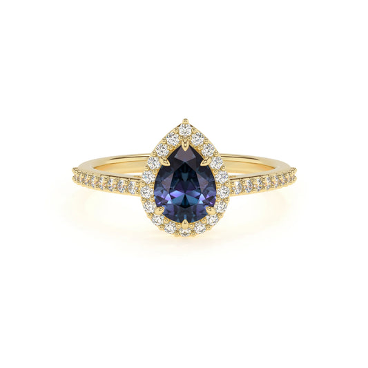 lab grown alexandrite pear solitaire rings in yellow gold 