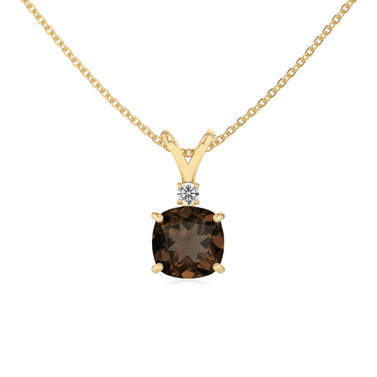natural smoky-quartz cushion solitaire v-bale necklaces in yellow gold 