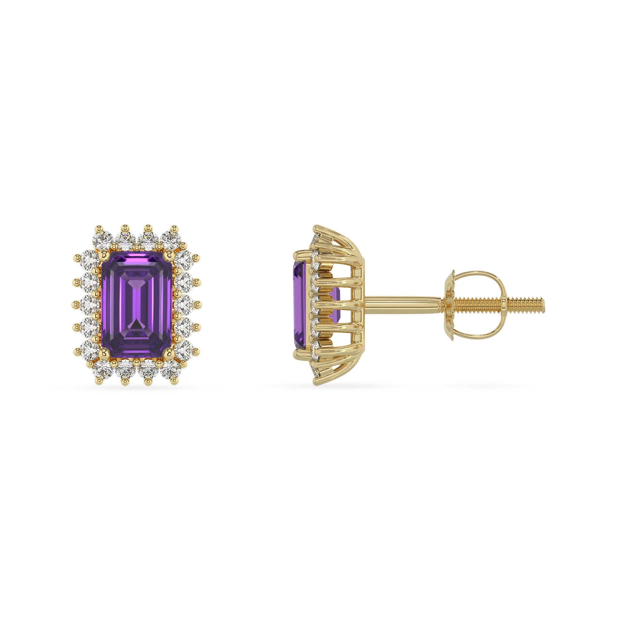 lab grown amethyst emerald cut stud earrings in yellow gold 