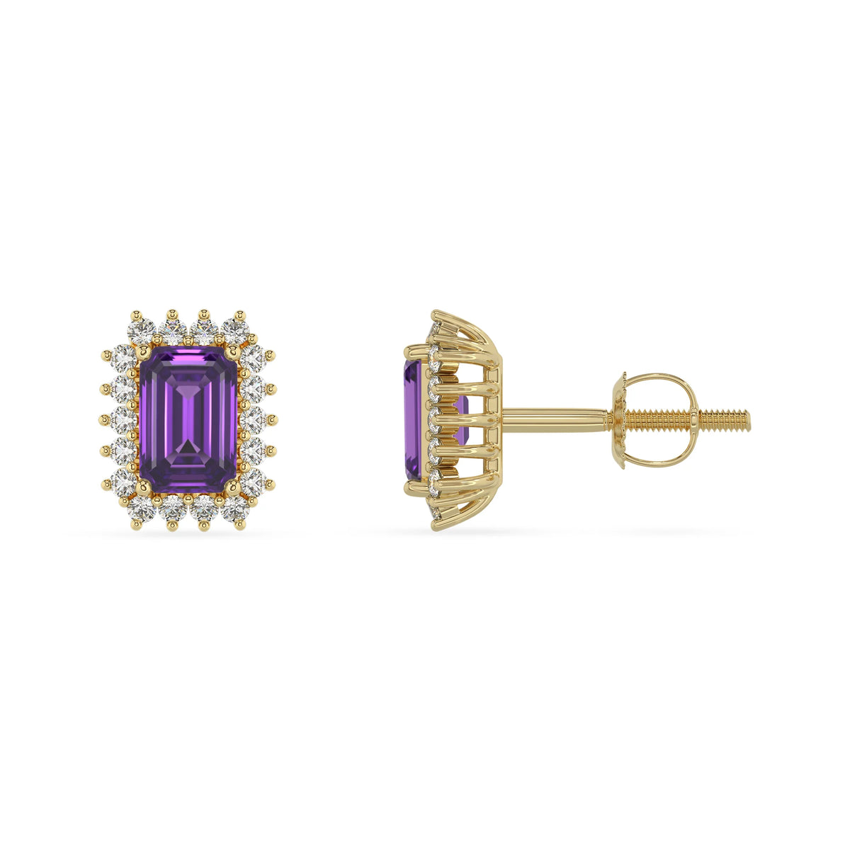 lab grown amethyst emerald cut stud earrings in yellow gold 