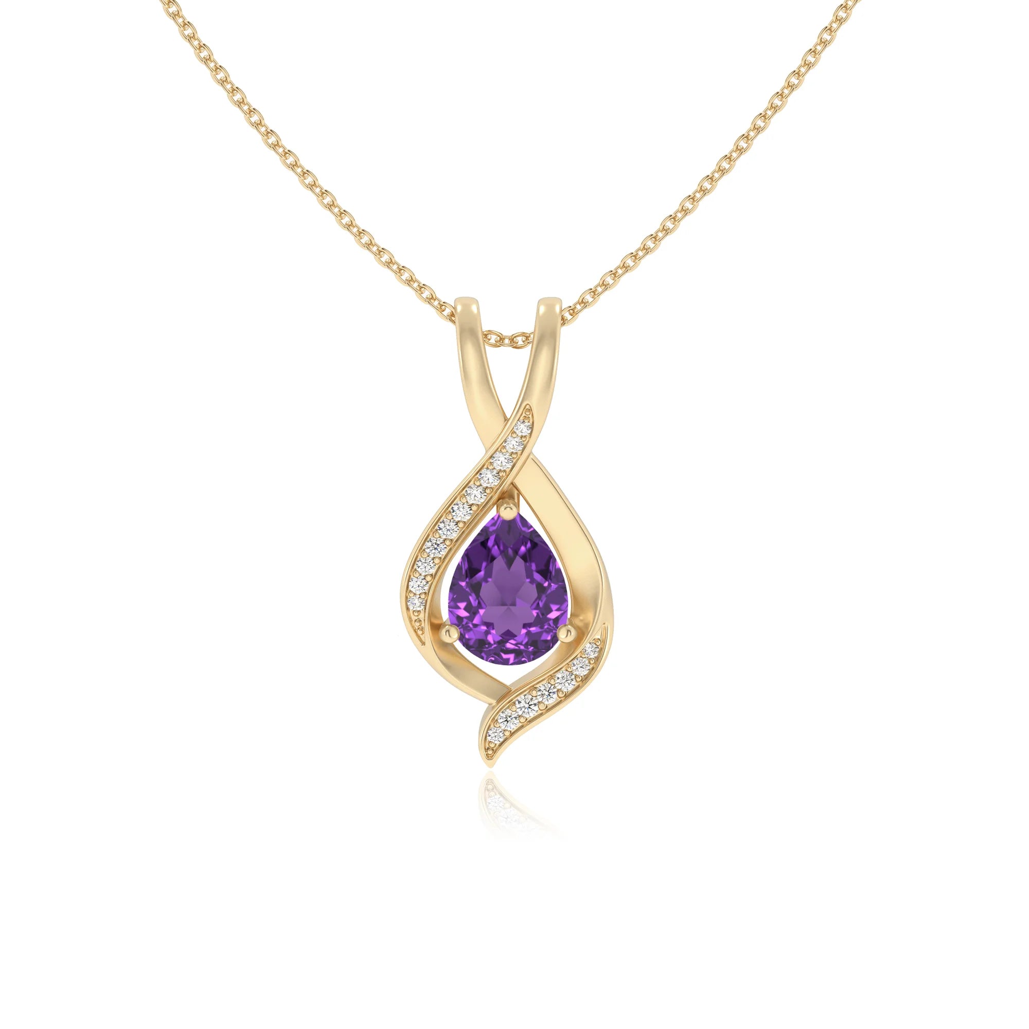 lab grown amethyst pear solitaire necklaces in yellow gold 