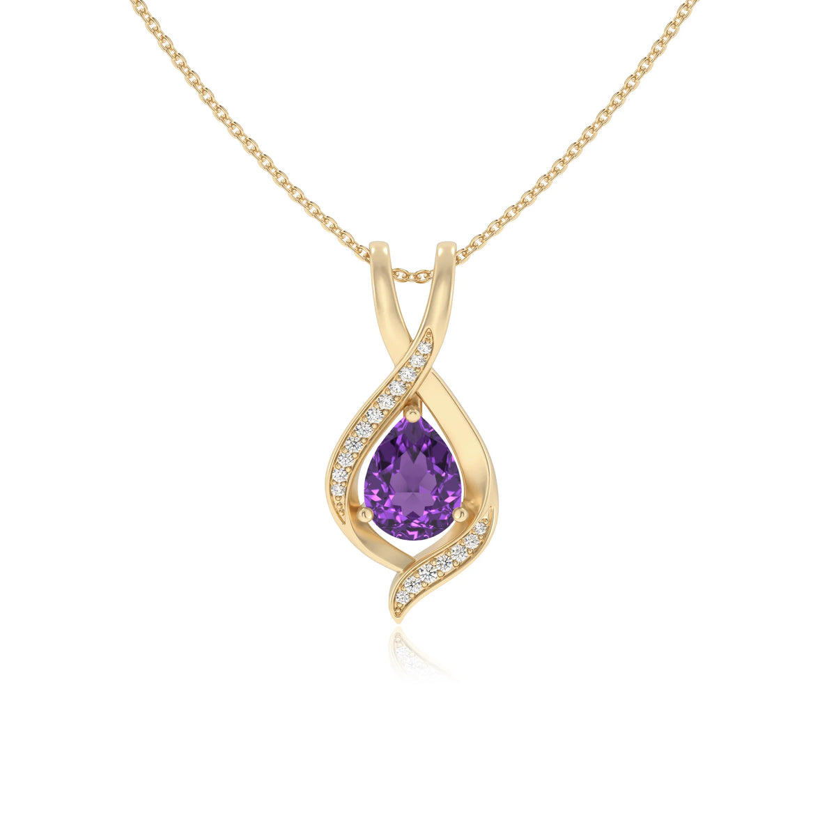 lab grown amethyst pear solitaire necklaces in yellow gold 