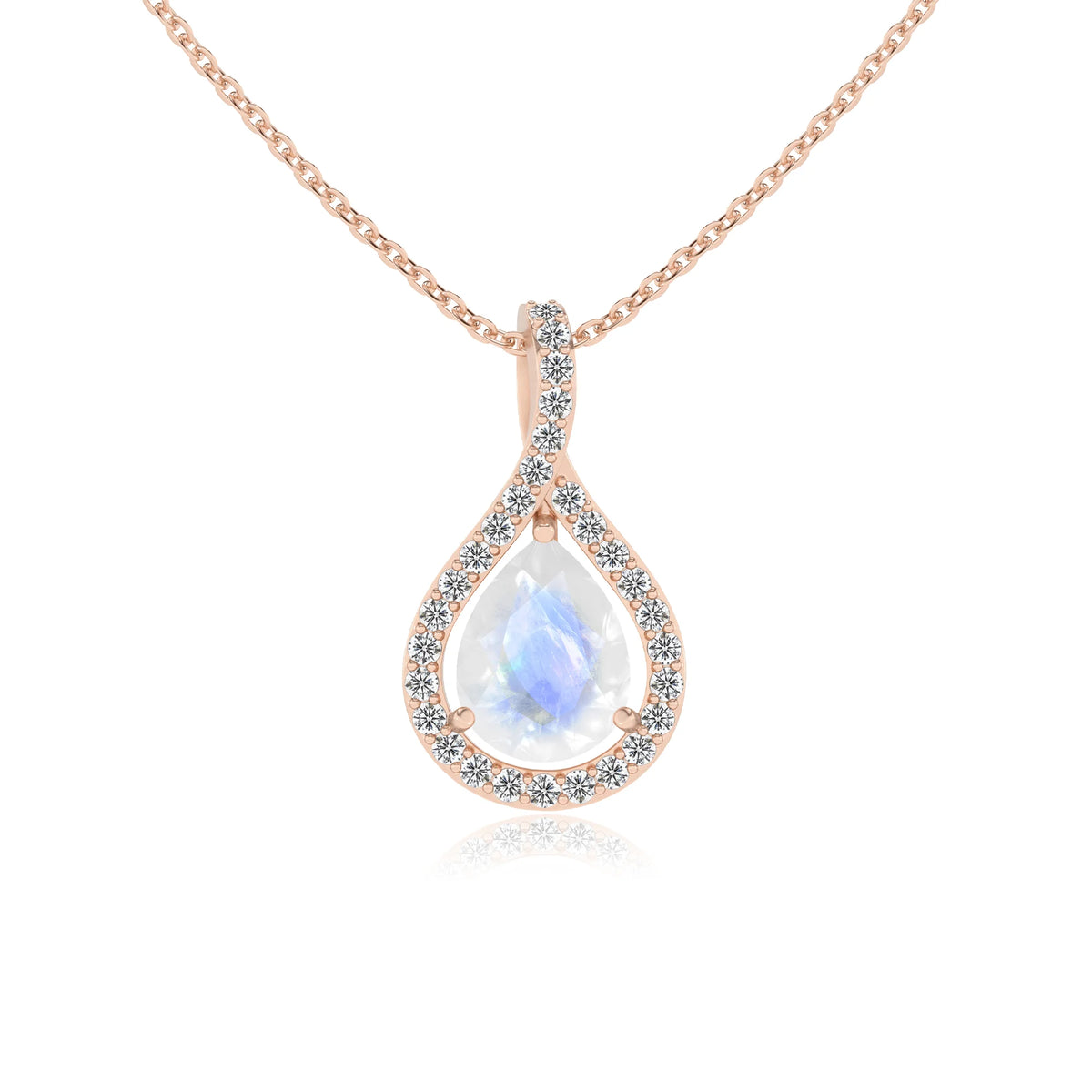 natural rainbow-moonstone pear solitaire necklaces in rose gold 