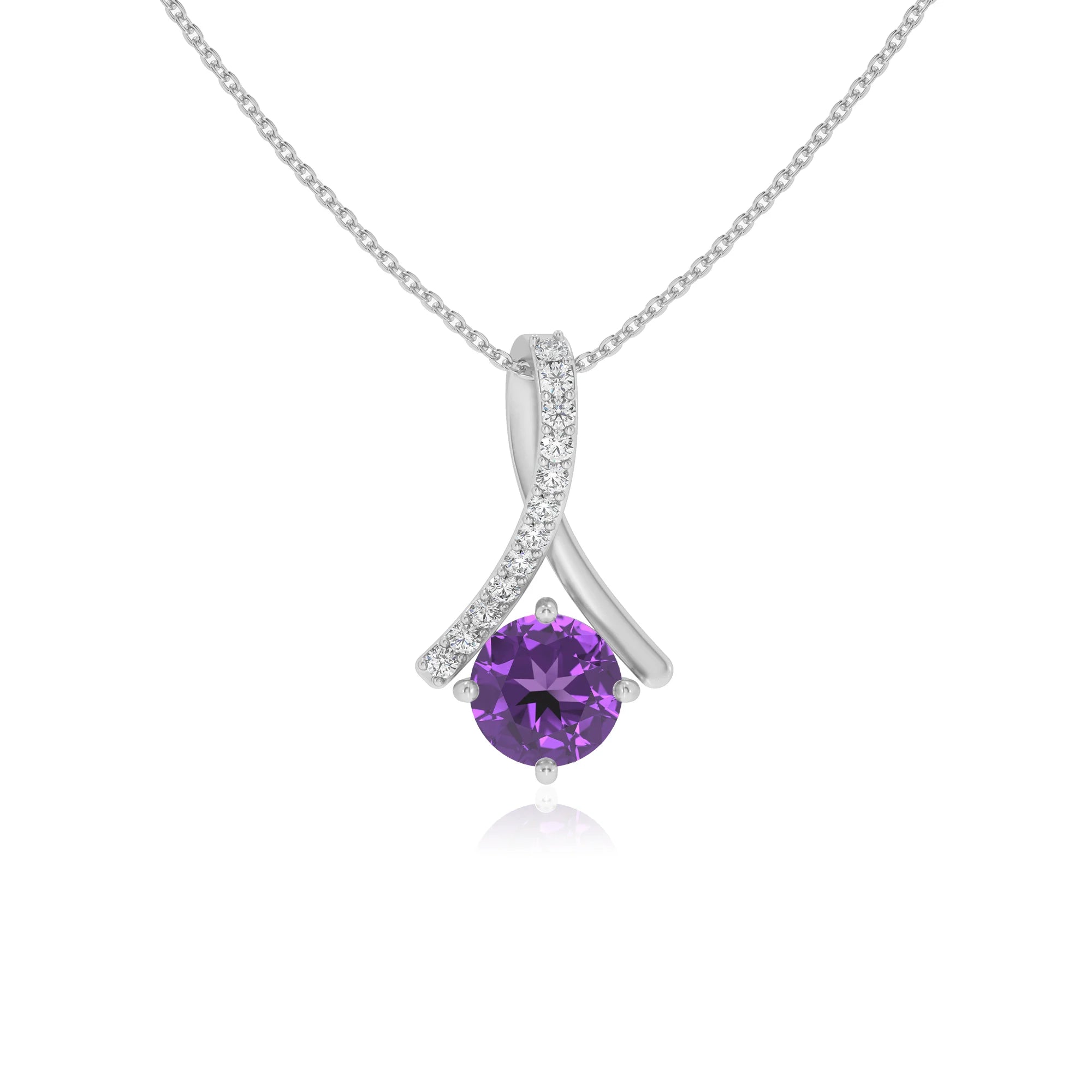 lab grown amethyst round solitaire necklaces in white gold 