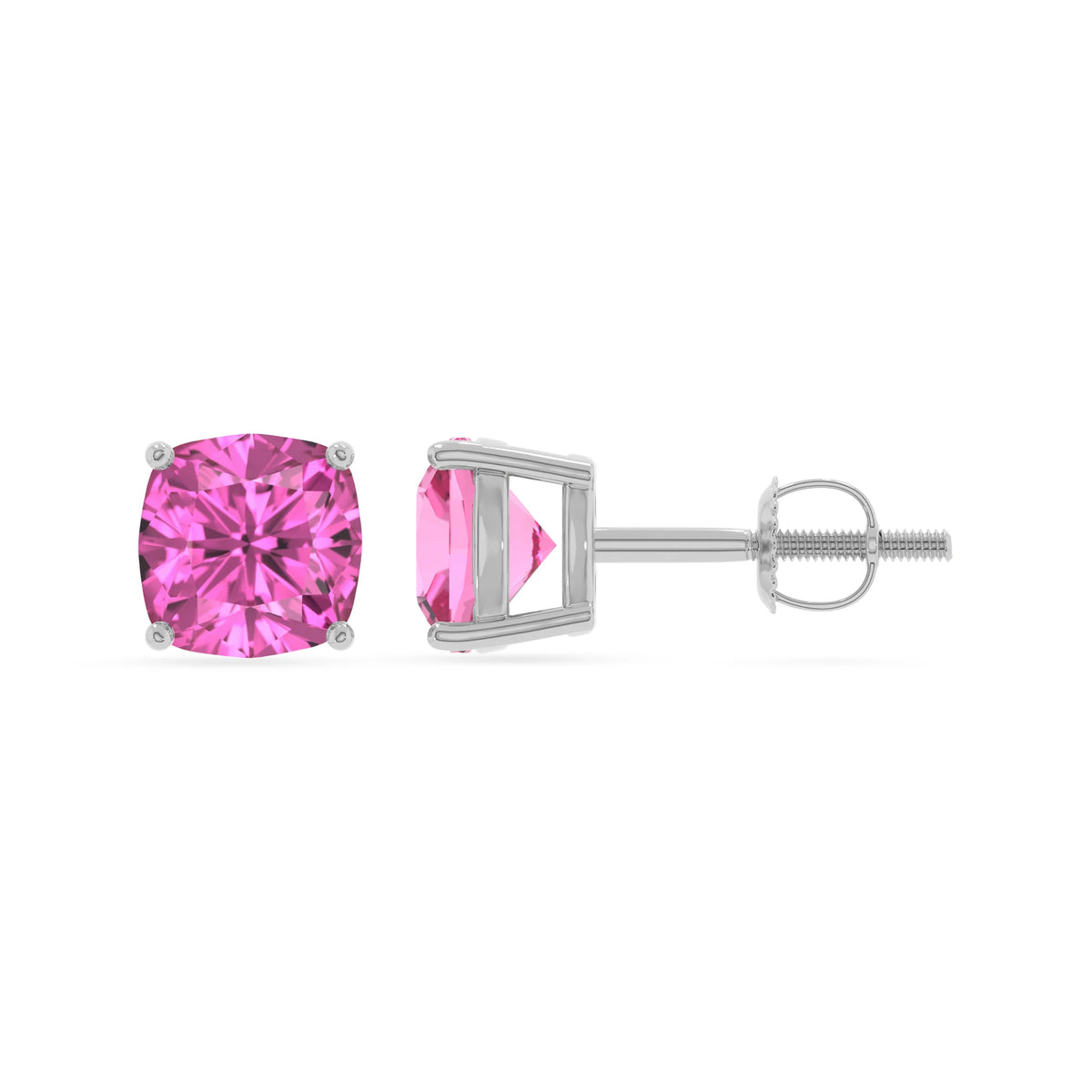 lab grown pink sapphire cushion stud earrings in platinum 
