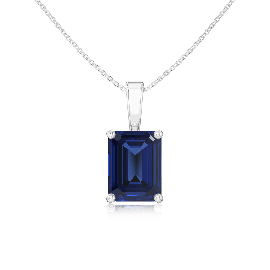 lab grown blue-sapphire emerald cut solitaire necklaces in sterling silver 