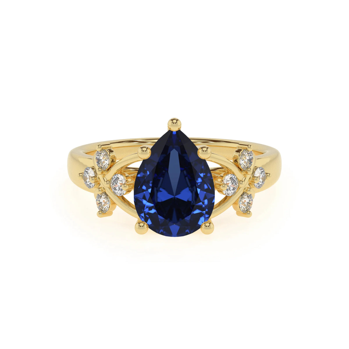 lab grown blue-sapphire pear solitaire rings in yellow gold 