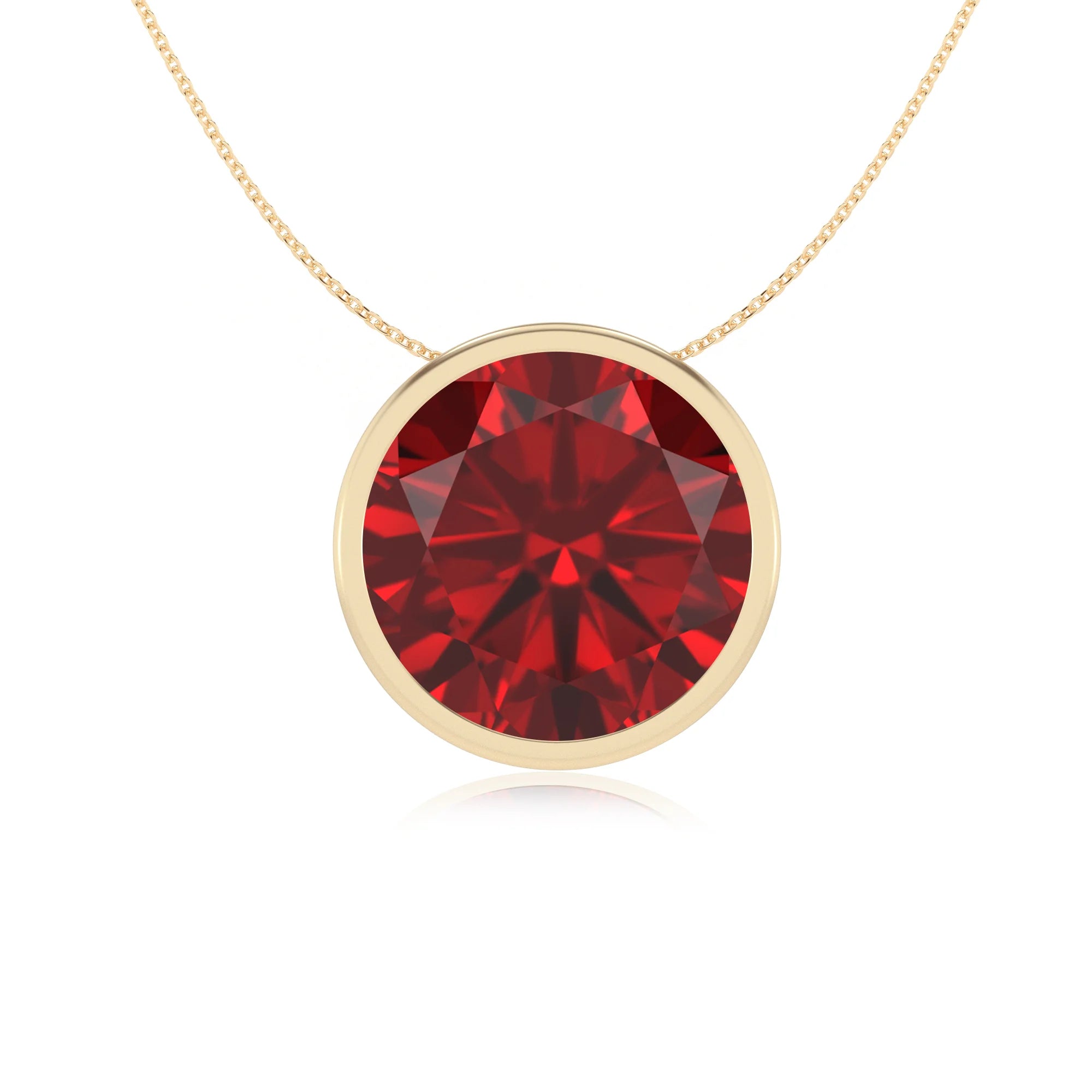 lab grown ruby round solitaire necklaces in yellow gold 
