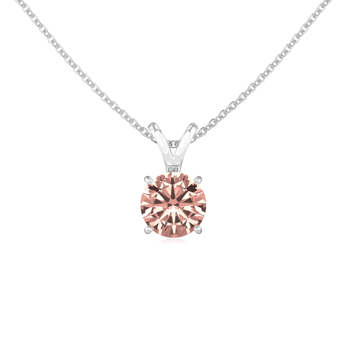 lab grown morganite round solitaire v-bale necklaces in sterling silver 