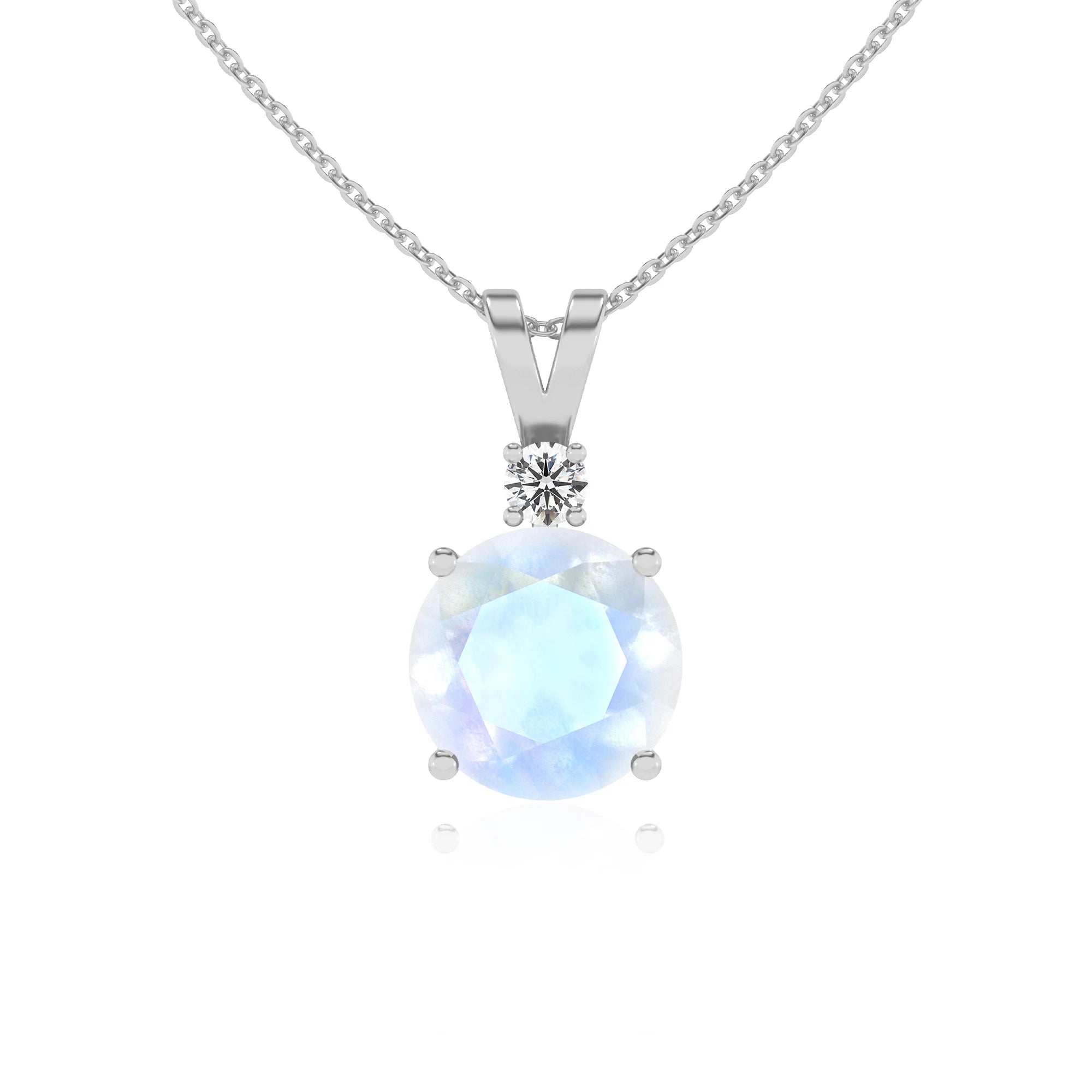 natural rainbow-moonstone round solitaire v-bale necklaces in platinum 