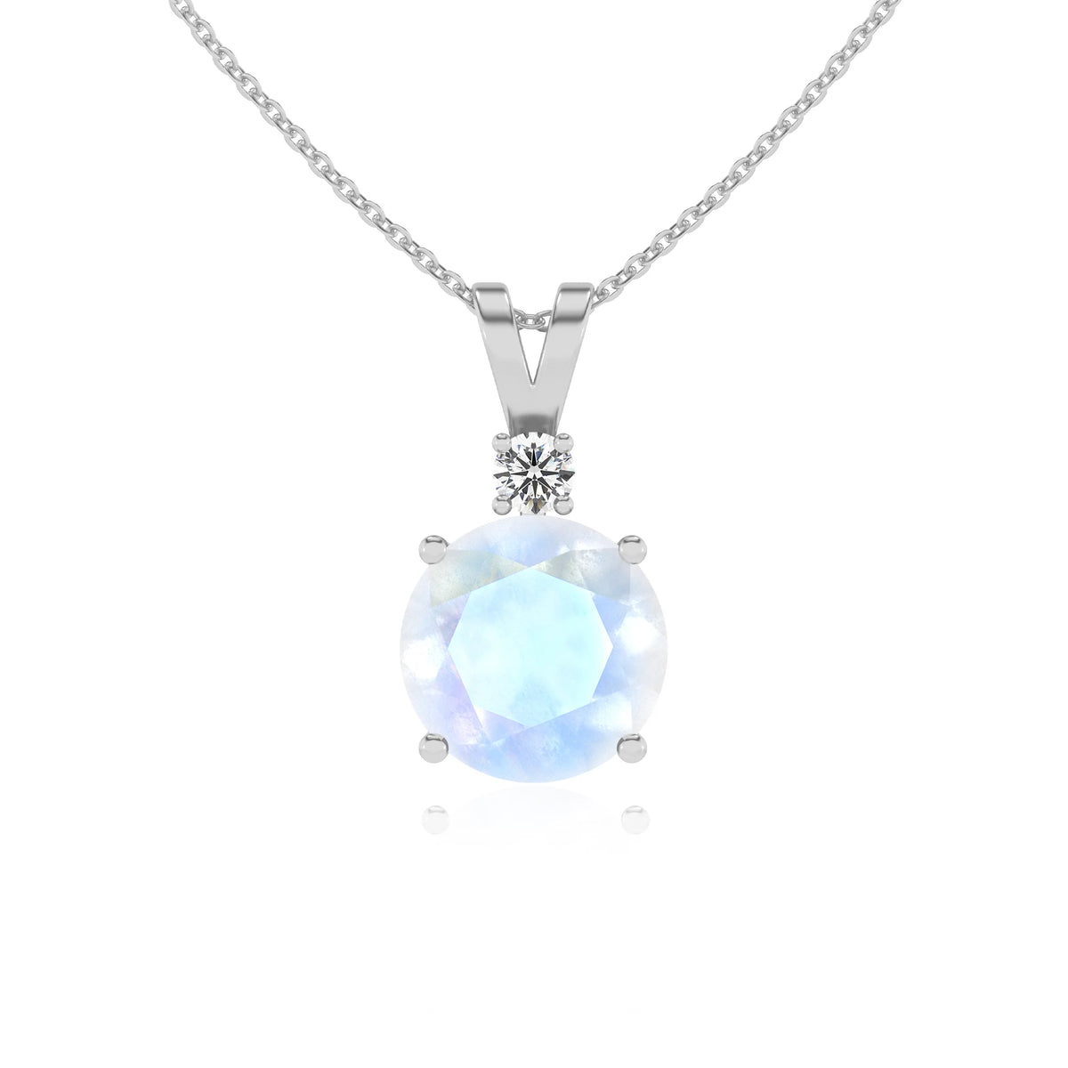 natural rainbow-moonstone round solitaire v-bale necklaces in platinum 