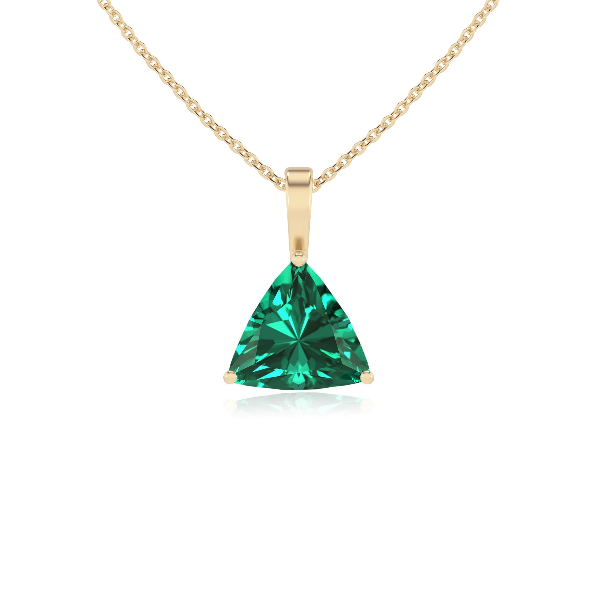 lab grown emerald trillion solitaire necklaces in yellow gold 