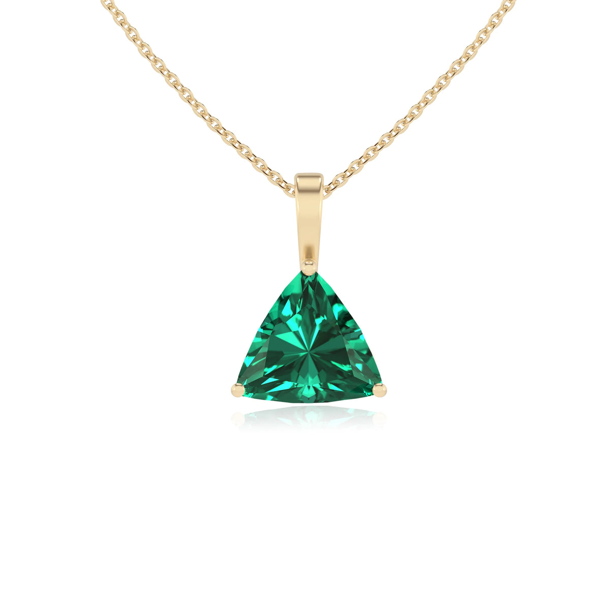 lab grown emerald trillion solitaire necklaces in yellow gold 