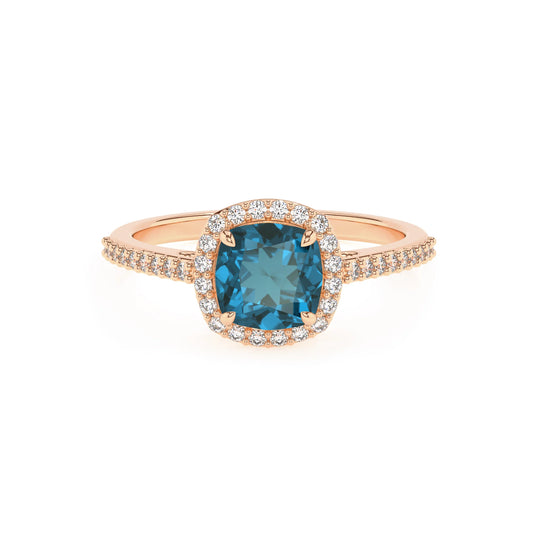 natural london-blue-topaz cushion solitaire rings in rose gold 