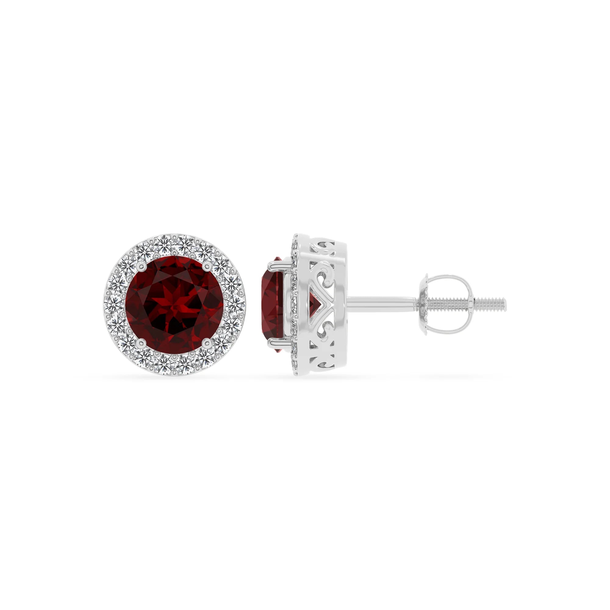 natural garnet round stud earrings in platinum 