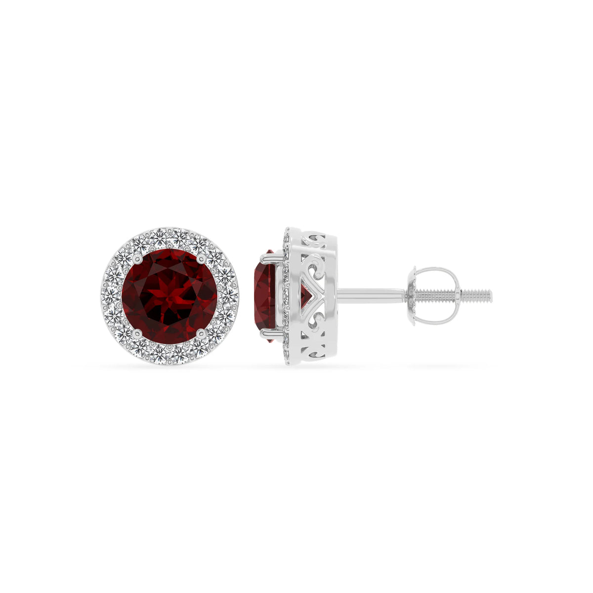 natural garnet round stud earrings in platinum 