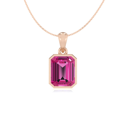 lab grown pink-sapphire emerald cut solitaire necklaces in rose gold 