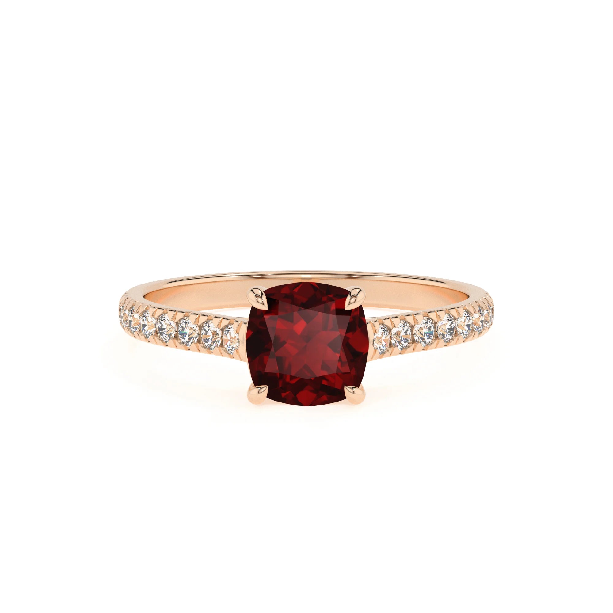 natural garnet cushion half eternity solitaire engagement rings in rose gold 