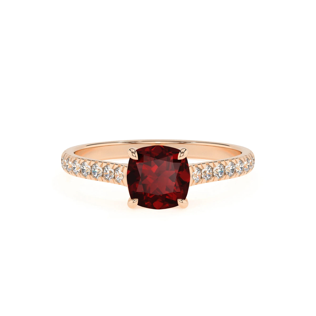 natural garnet cushion half eternity solitaire engagement rings in rose gold 