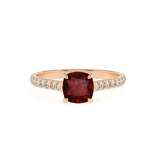 natural garnet cushion half eternity solitaire engagement rings in rose gold 