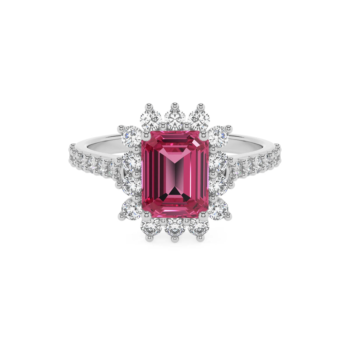lab grown pink-tourmaline emerald cut solitaire rings in white gold 