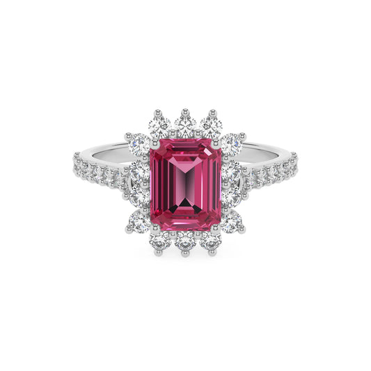 lab grown pink-tourmaline emerald cut solitaire rings in white gold 