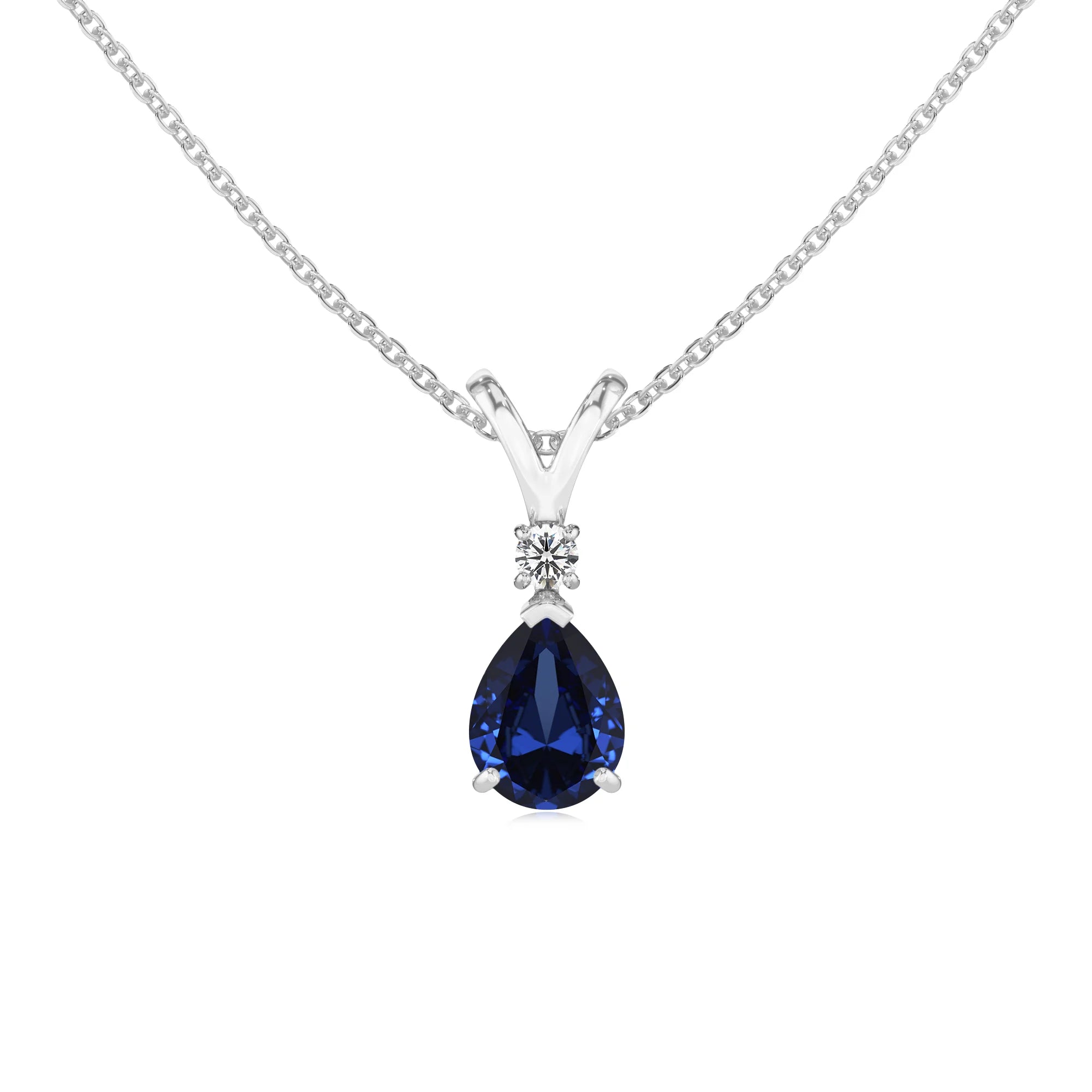 lab grown blue-sapphire pear solitaire v-bale necklaces in white gold 