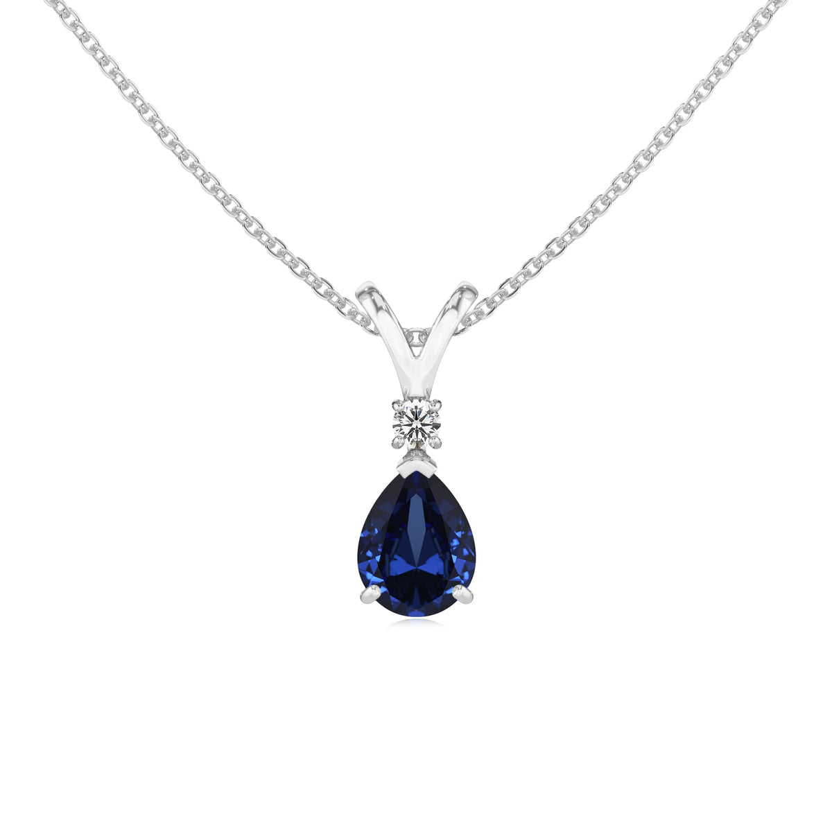 lab grown blue-sapphire pear solitaire v-bale necklaces in white gold 