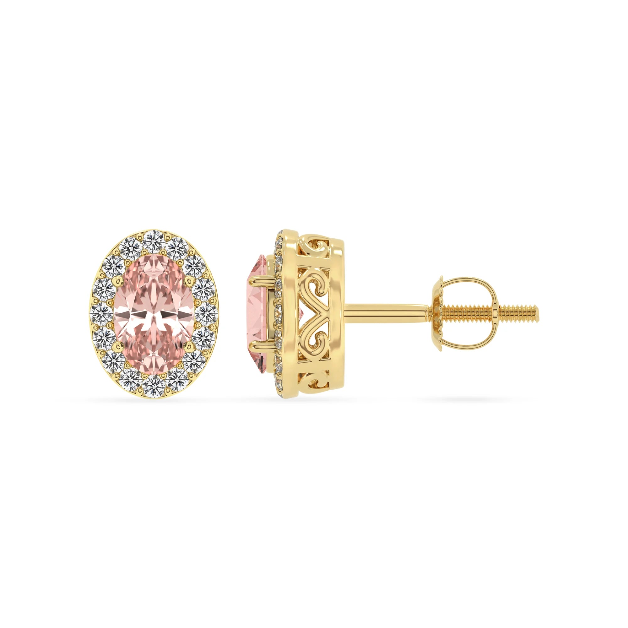 lab grown morganite oval stud earrings in yellow gold 