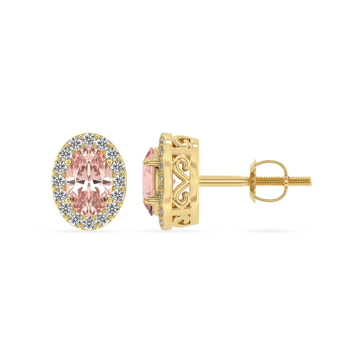 lab grown morganite oval stud earrings in yellow gold 