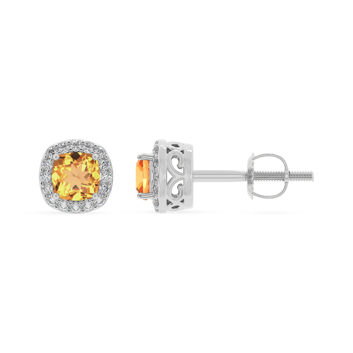 lab grown citrine cushion stud earrings in platinum 