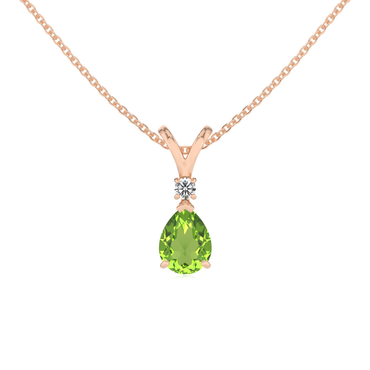 natural peridot pear solitaire v-bale necklaces in rose gold 
