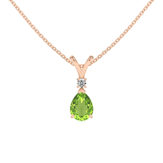 natural peridot pear solitaire v-bale necklaces in rose gold 