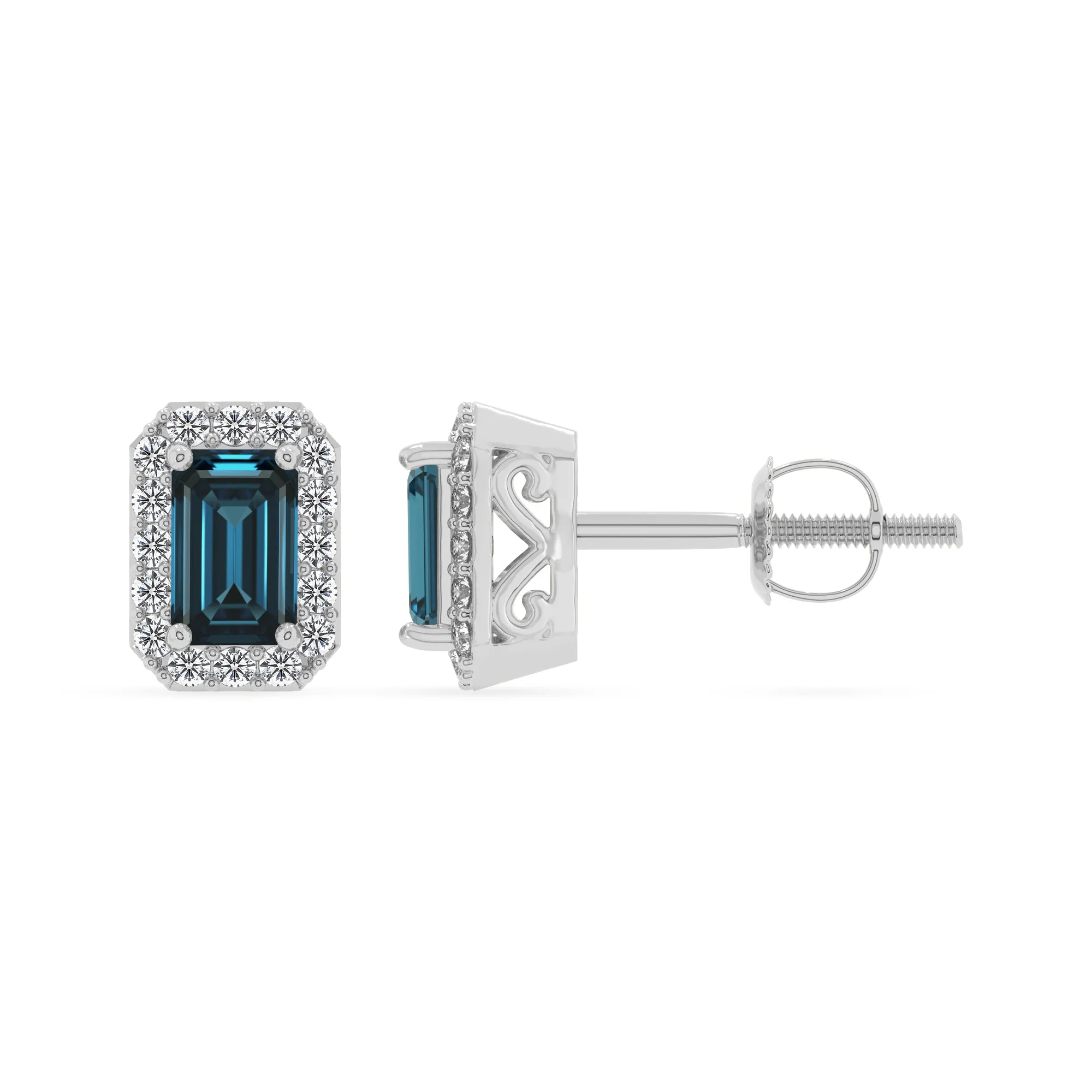 natural london blue topaz emerald cut stud earrings in platinum 