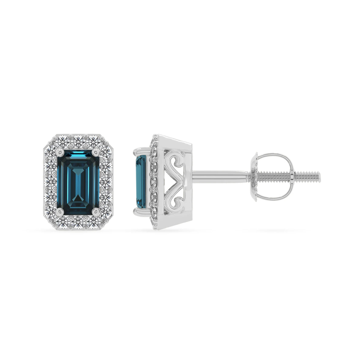 natural london blue topaz emerald cut stud earrings in platinum 