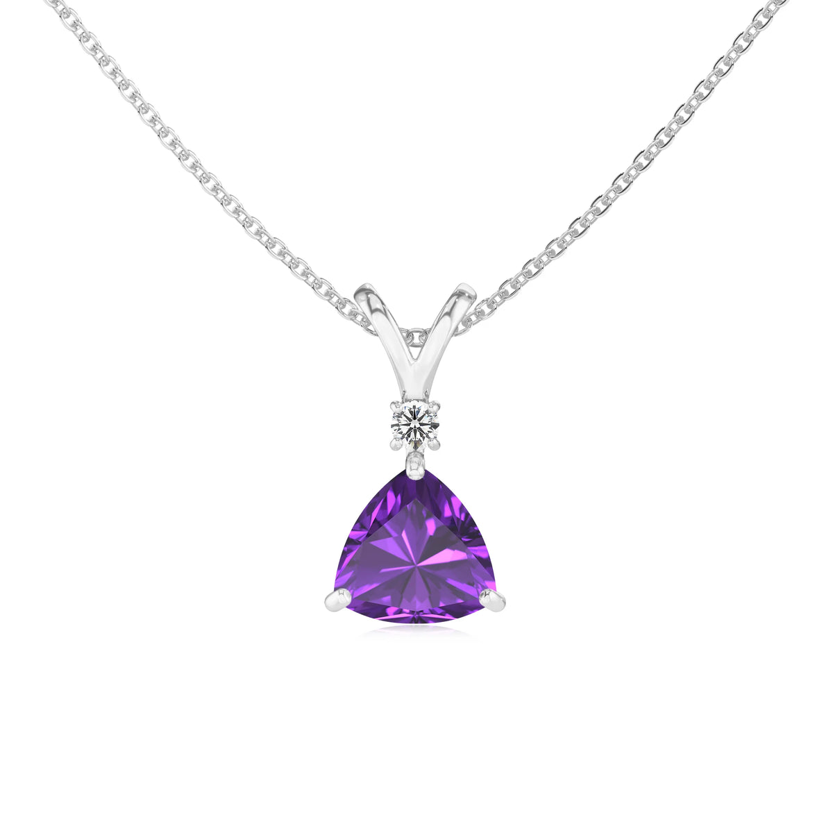 lab grown amethyst trillion solitaire v-bale necklaces in white gold 