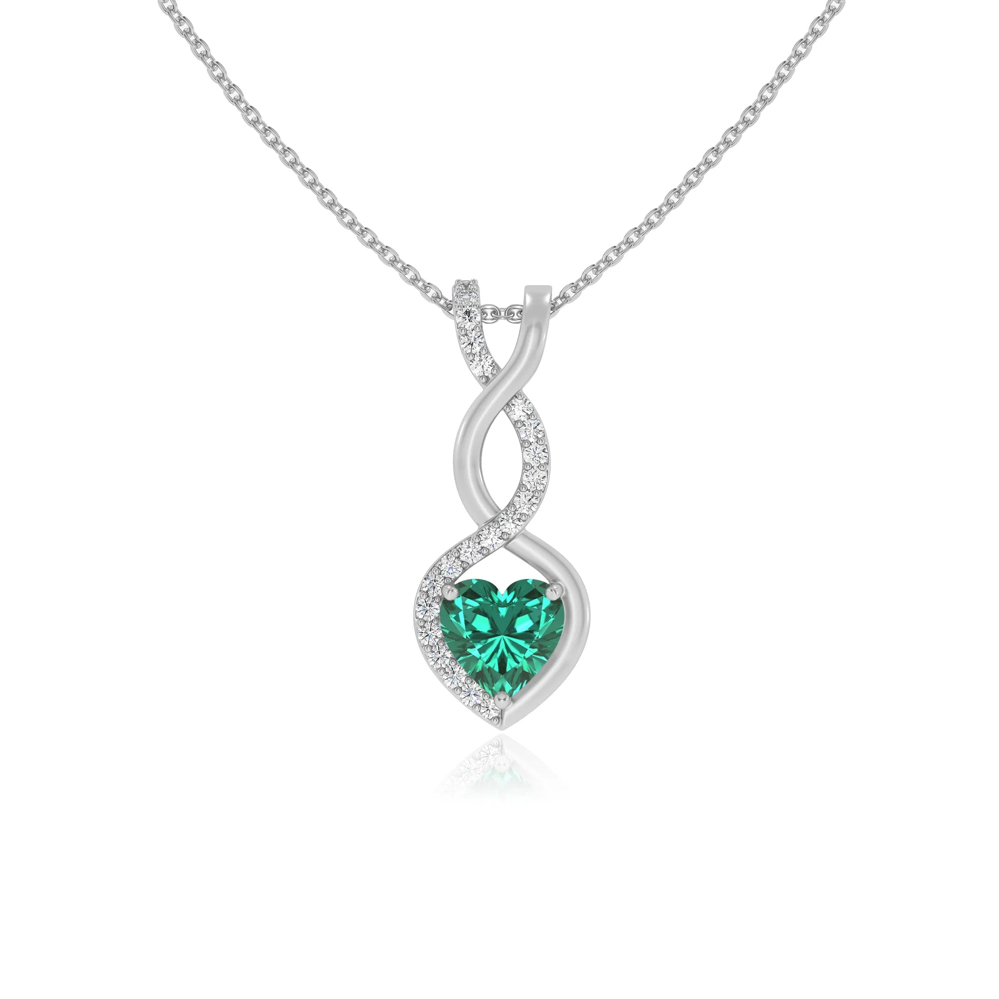 lab grown emerald heart infinity necklaces in white gold 