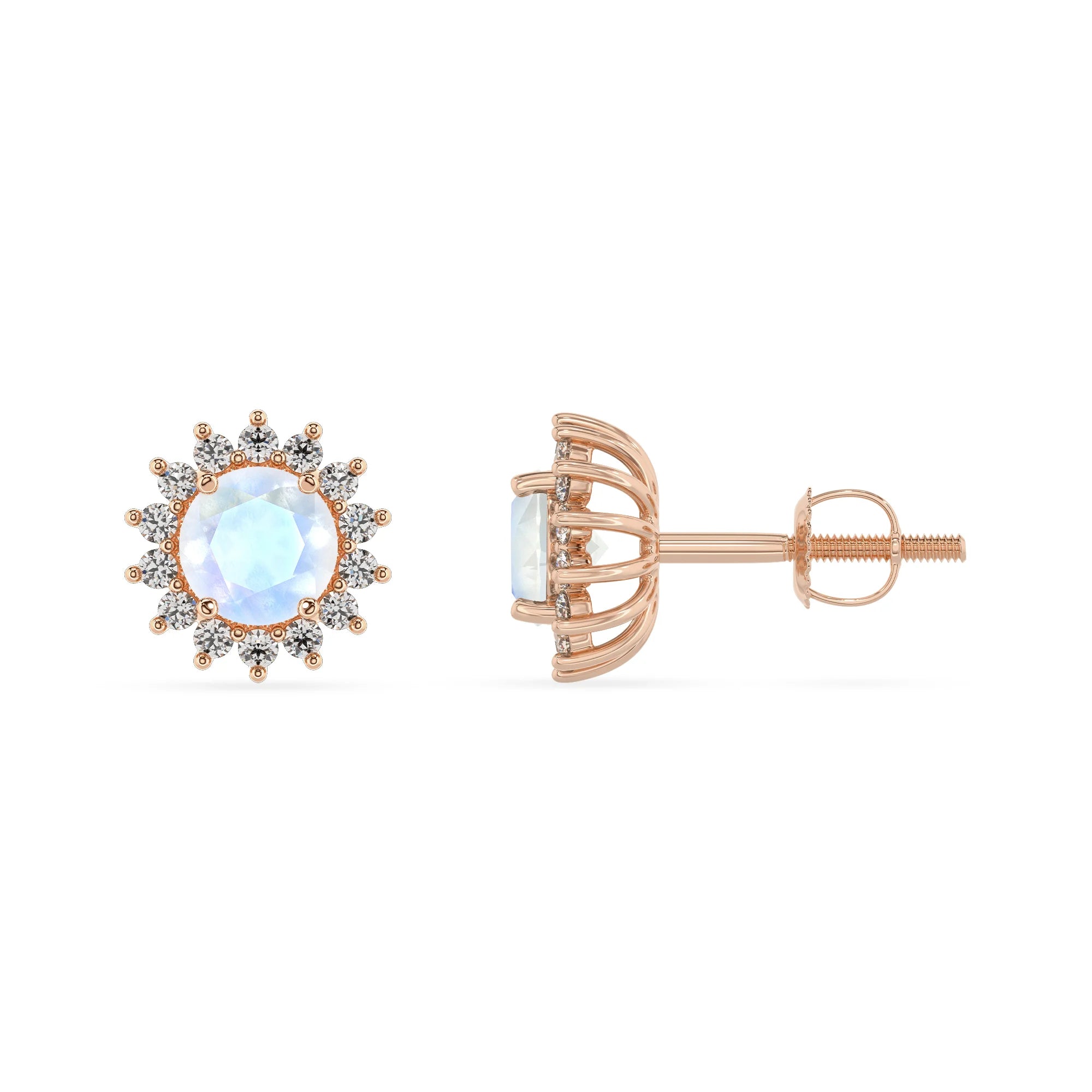 natural rainbow moonstone round stud earrings in rose gold 