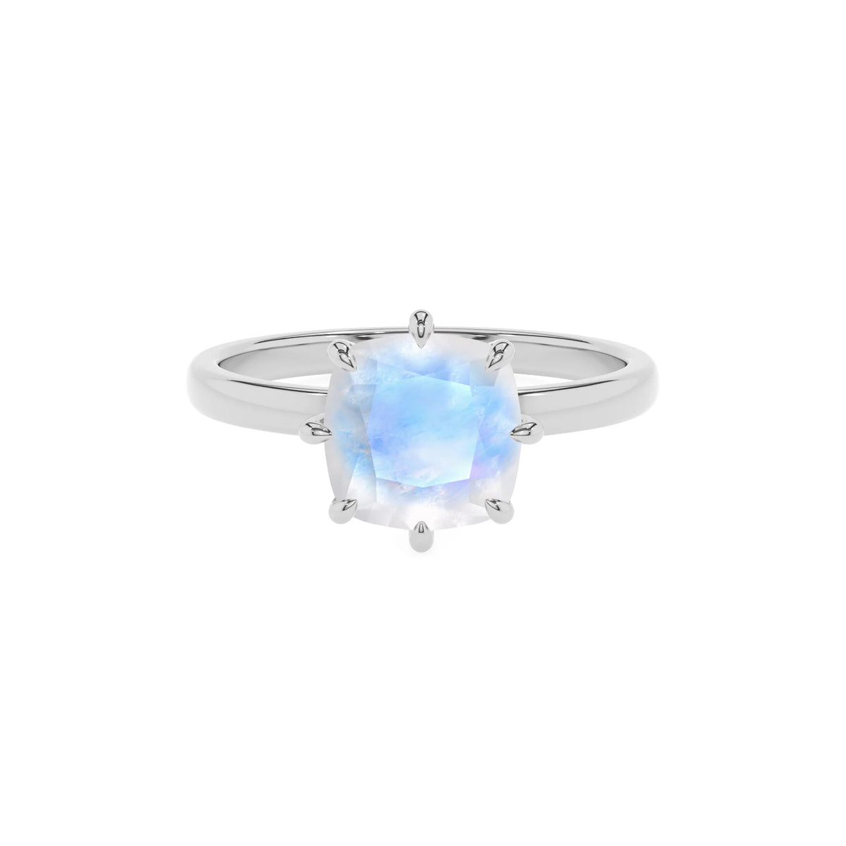natural rainbow-moonstone cushion solitaire rings in sterling silver 