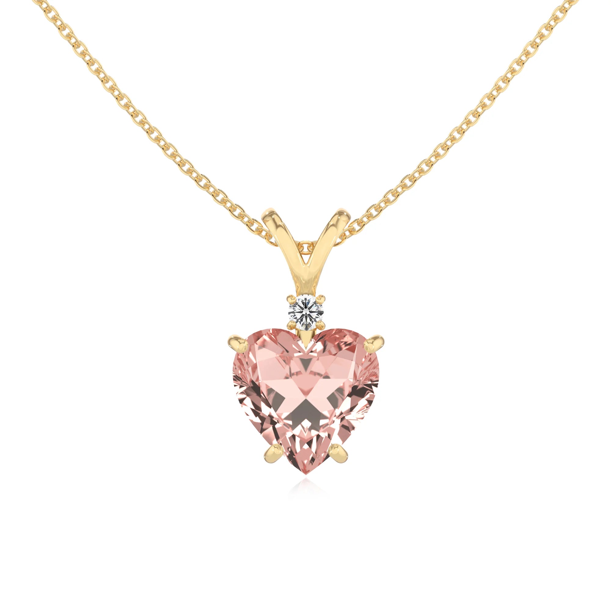 lab grown morganite heart solitaire v-bale necklaces in yellow gold 