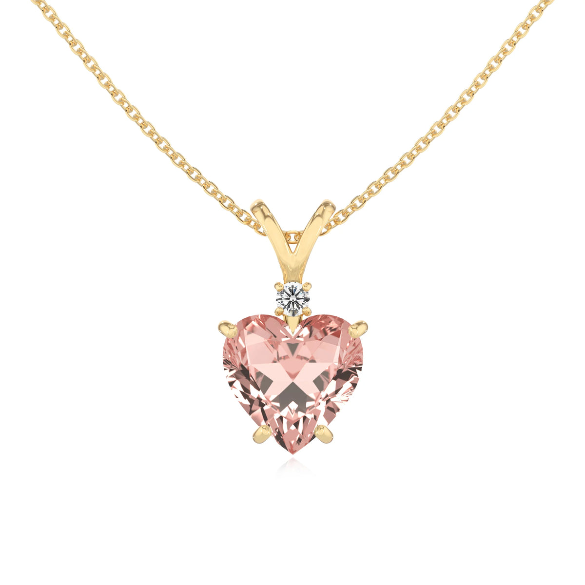 lab grown morganite heart solitaire v-bale necklaces in yellow gold 