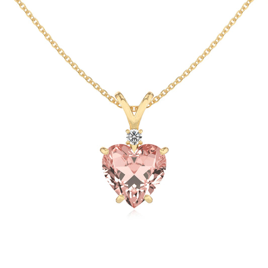 lab grown morganite heart solitaire v-bale necklaces in yellow gold 