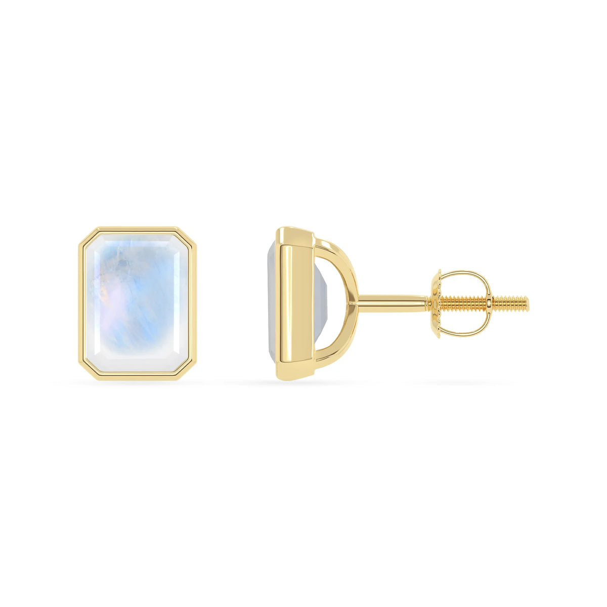 Natural Rainbow Moonstone Emerald-Cut Solitaire Stud Earrings