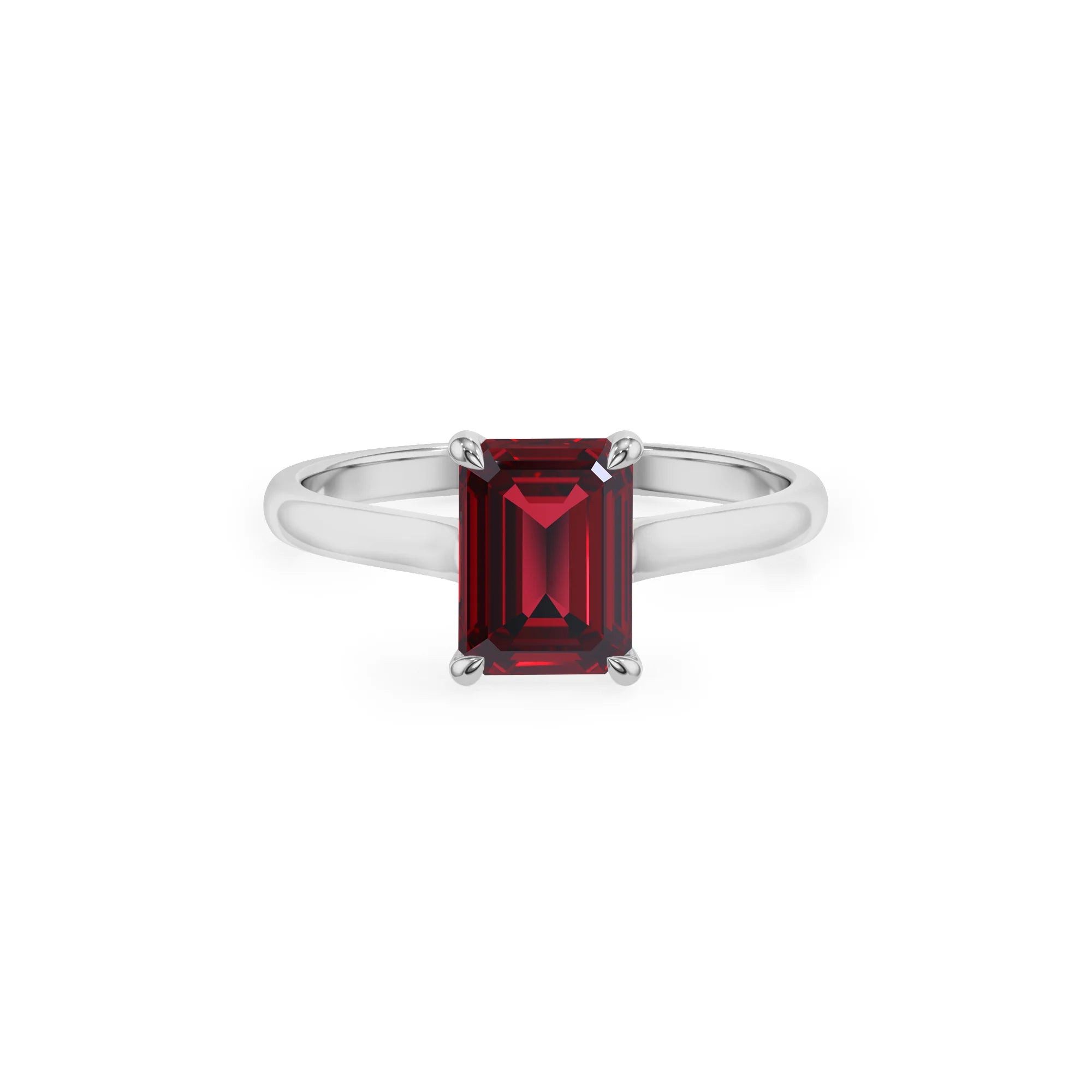 lab grown ruby emerald cut solitaire rings in sterling silver 