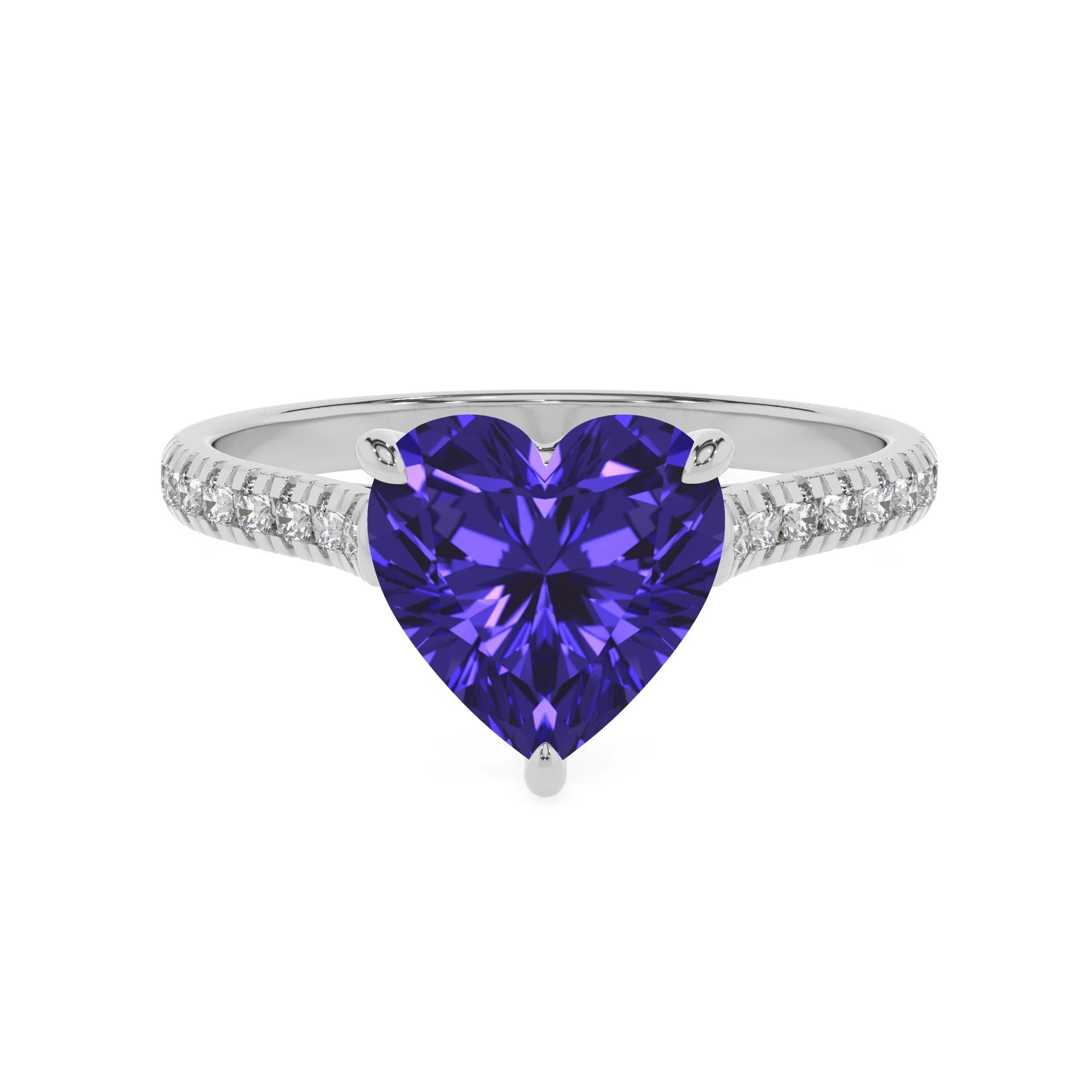 lab grown tanzanite heart half eternity solitaire engagement rings in sterling silver 