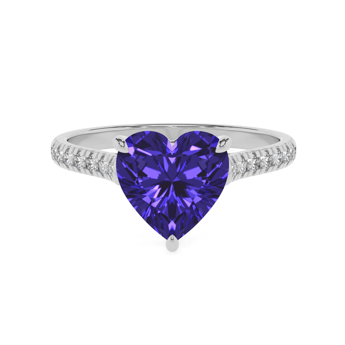 lab grown tanzanite heart half eternity solitaire engagement rings in sterling silver 