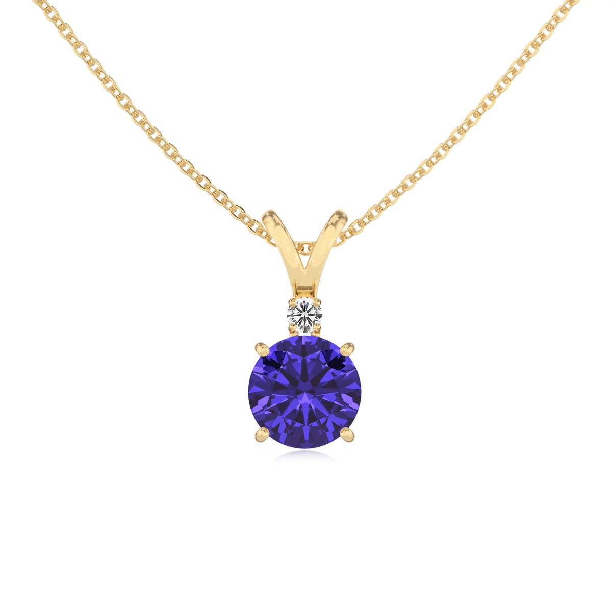 lab grown tanzanite round solitaire v-bale necklaces in yellow gold 